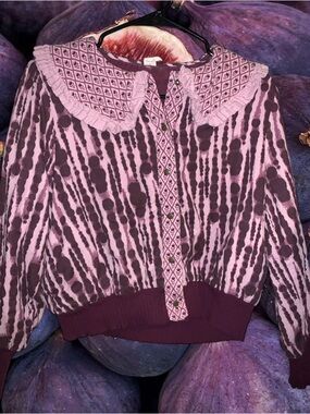 Kate Quinn purple Patterned Button-Up Sweater with Decorative Collar